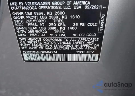 2022 Volkswagen Atlas 2.0T Se W/Technology from USA, damaged, VIN 1V2KP2CA8NC504174